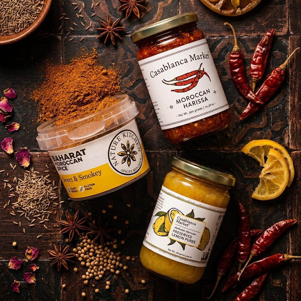 The Moroccan Frontier Box — Baharat, Harissa and Preserved Lemon flat lay