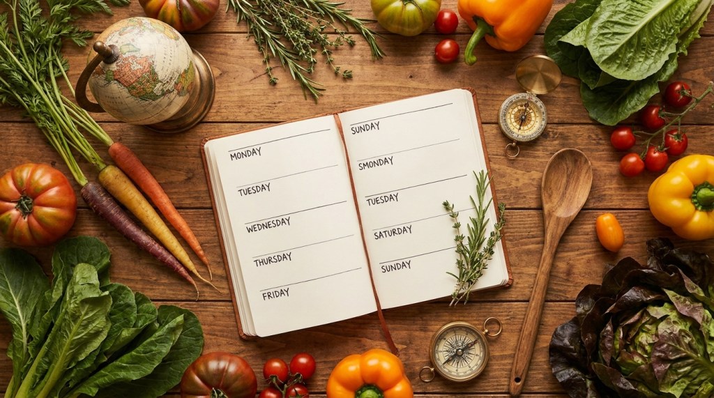Weekly meal planner laid out on a rustic wooden table with fresh ingredients, herbs and cooking tools in warm rust and gold tones