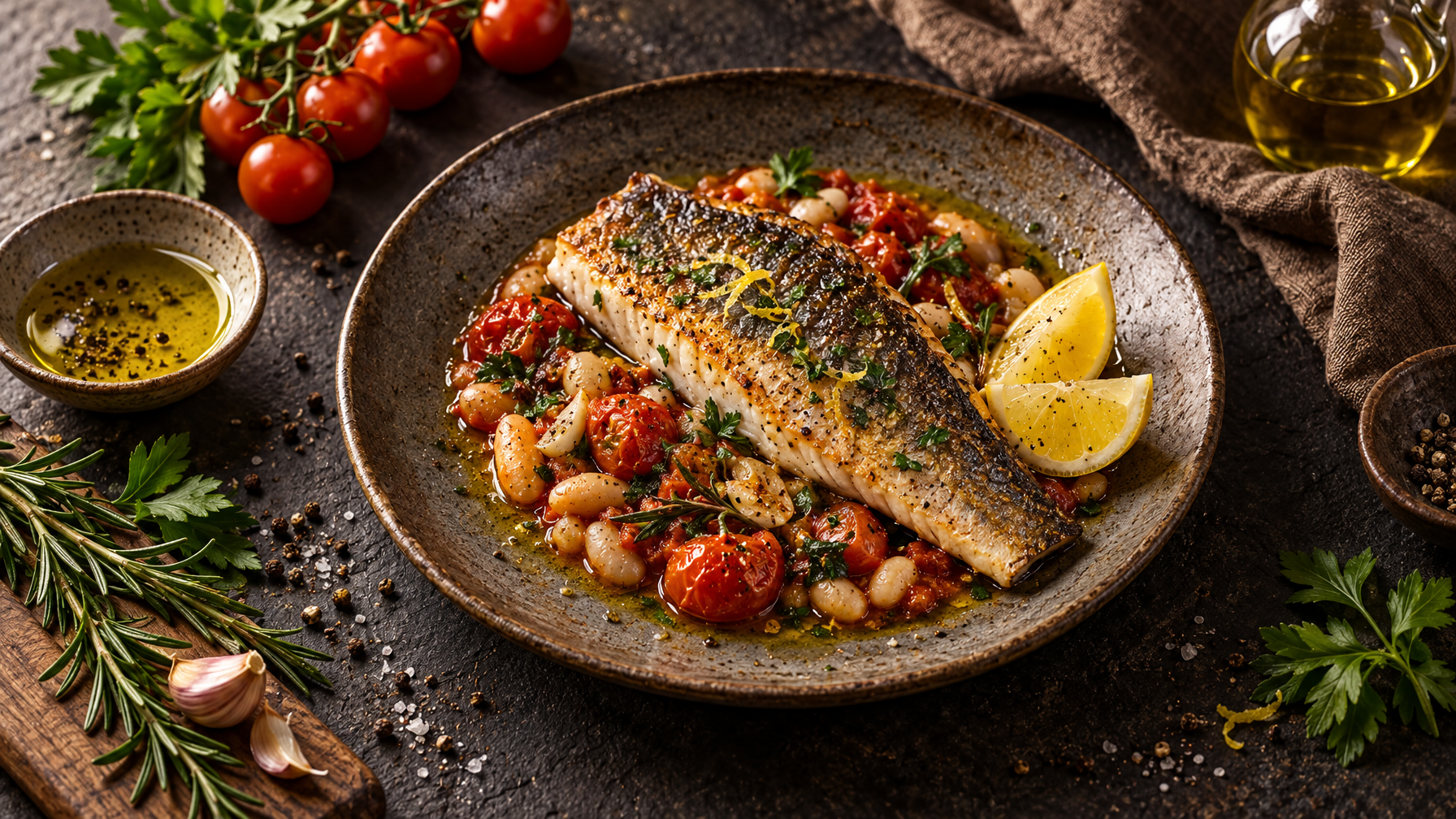 Pan-seared sea bass over cannellini bean, cherry tomato and herb stew, a chef-crafted lactose-free meal
