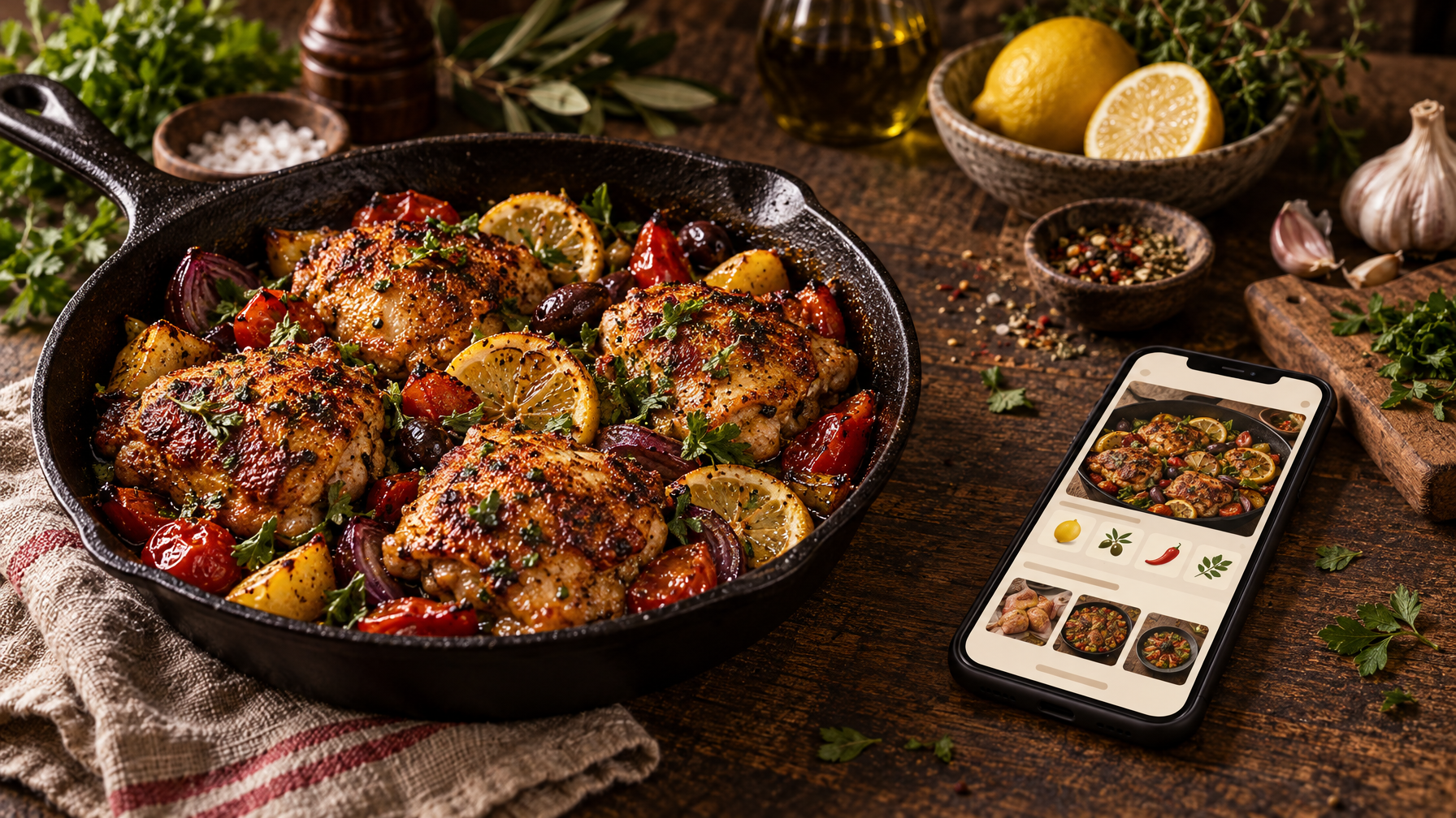 AI recipe app on smartphone in a rustic moody kitchen next to cast iron skillet